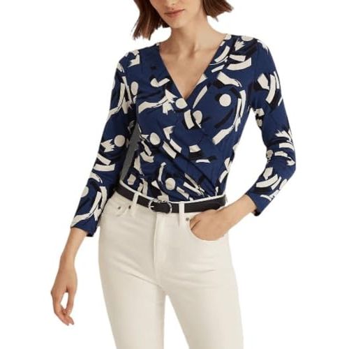 Ralph Lauren Womens Ruched Fitted 3/4 Sleeve Surplice Neckline Top